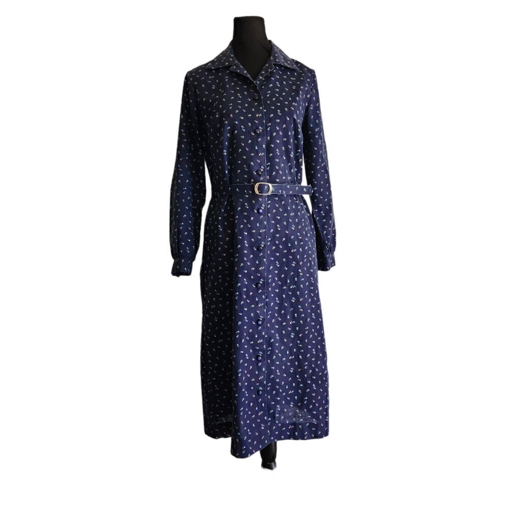 Navy Printed Long Sleeve Midi Shirt Dress with Belt